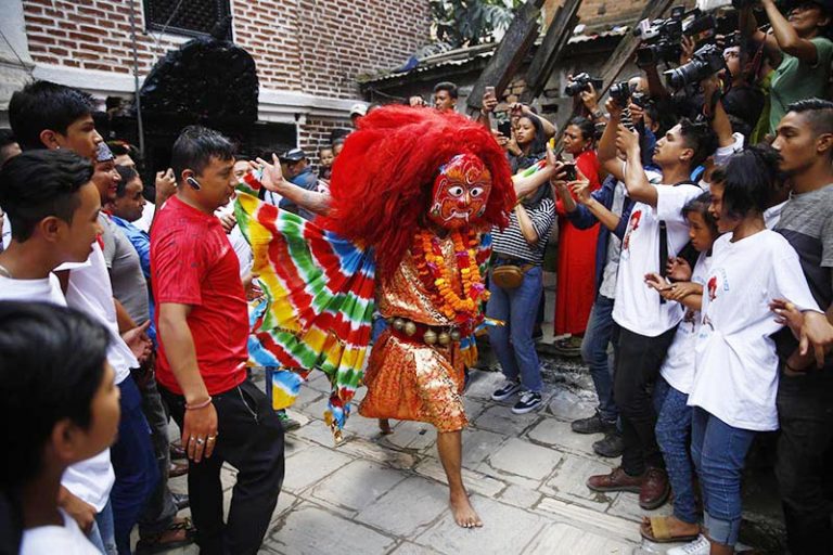 A lakhe performing on the first day of the eight-day Indra Jatra festival at Hanumandhoka, Kathmandu, on Friday, on Friday, September 21, 2018. Photo: THT