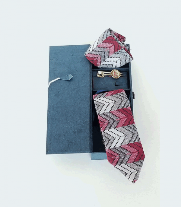 Men's Tie Set in Nepali Dhaka Pattern (A) with Pin in a Box